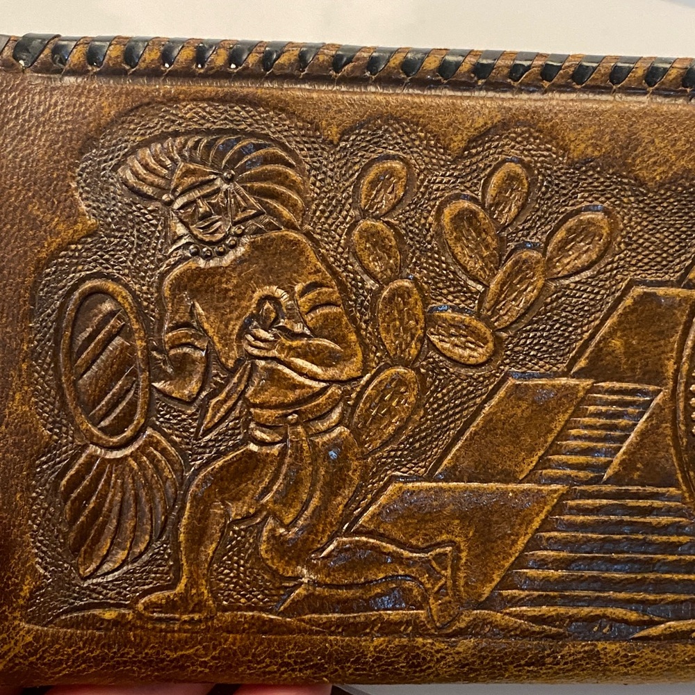 Hand-Tooled Brown Leather Wallet with Aztec Medallion Design - Picture 6 of 7
